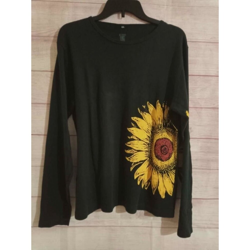 GREEN 3 T-Shirt Women’s XXL Long Sleeve Tee Sunflower Organic Cotton Black